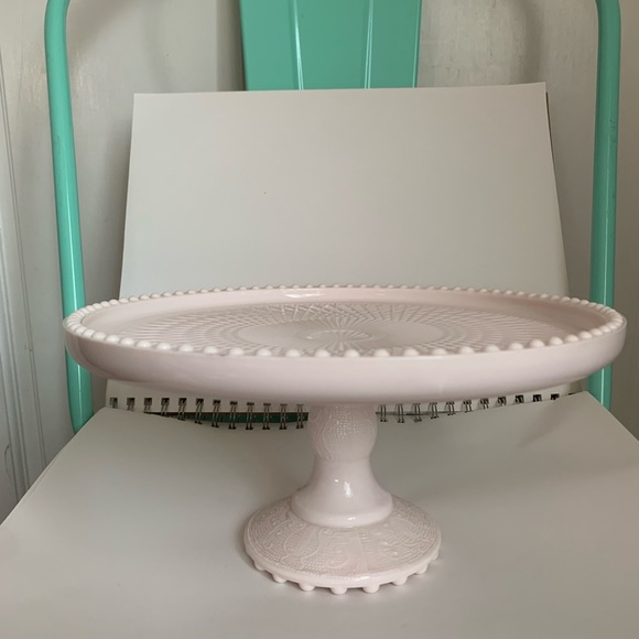 Vintage Jeanette Pale Pink Milk Glass Beaded 10” Cake Stand Pedestal - Picture 2 of 5